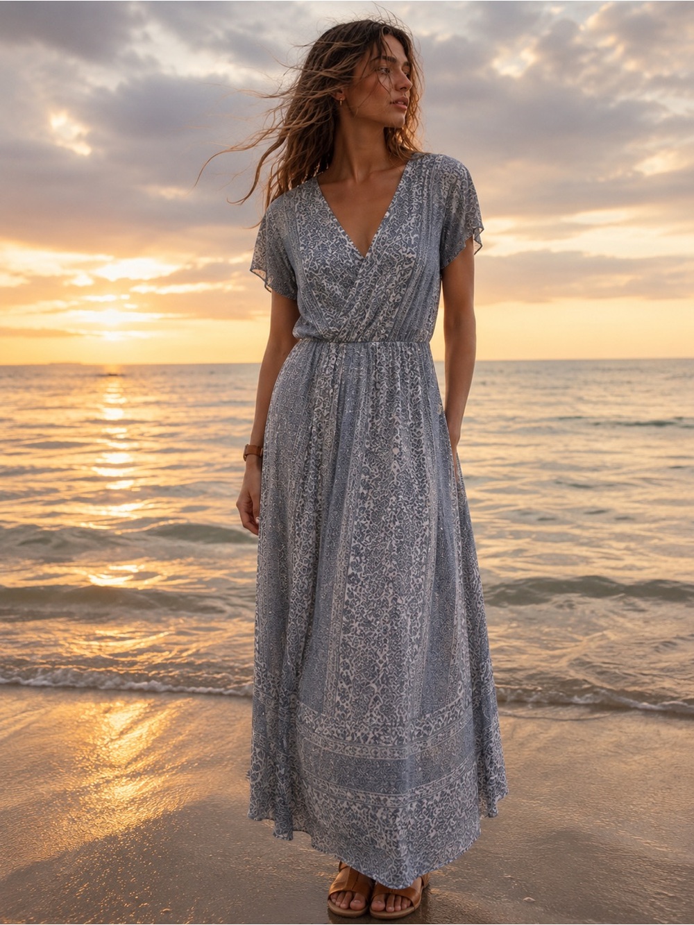 Knox Rose Blue Boho Open Front Slit Maxi Rayon Faux Wrap Dress Sz XS